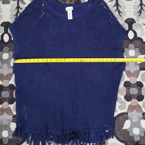Tommy Bahama Blue Oversized Crochet Tunic Knit Fringe Top Women’s Sz S/M Caftan - Picture 8 of 10